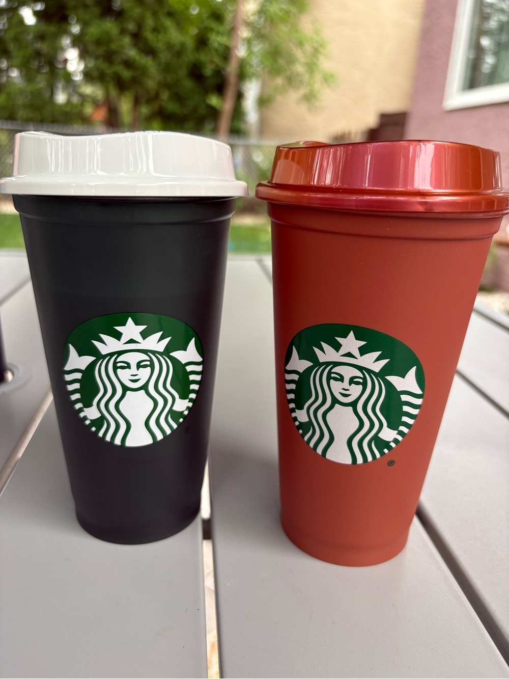 Starbucks Reusable Cups in Dark Green and Rose Gold with White Lids